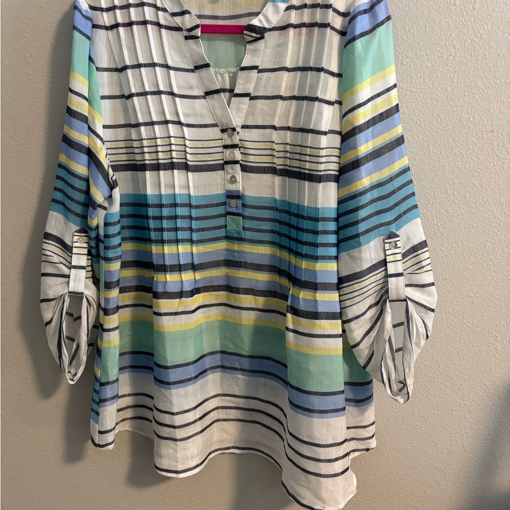 Green and Blue Pleated Tunic with Puff Sleeves